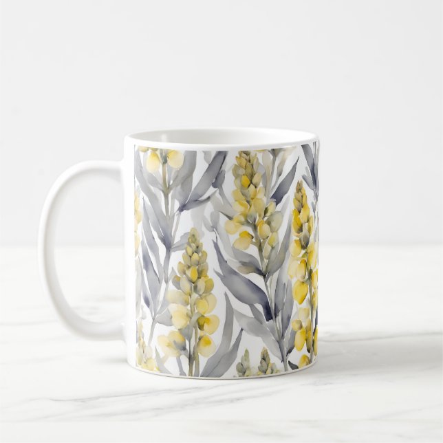 Taza De Café Flores de Lupin Amarillo Acuarela Diseño Floral (Izquierda)