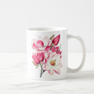 Taza De Café Flores de magnolia rosadas botánicas acuarela