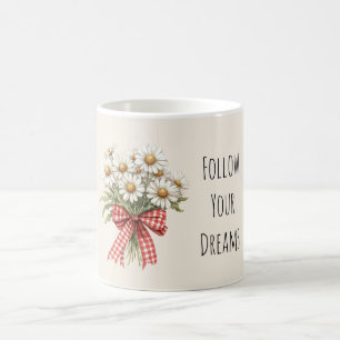 Taza De Café Flores de margarita con lazo rojo y blanco