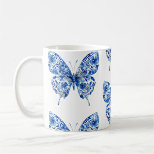 Taza De Café Flores de mariposas blancas azules de Chinoiserie