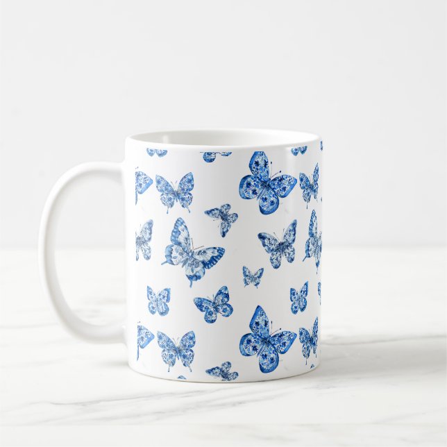 Taza De Café Flores de mariposas blancas azules de Chinoiserie  (Izquierda)