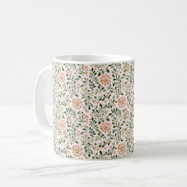 Taza De Café Flores de melocotón rosado hojas verdes (Anverso izquierdo)