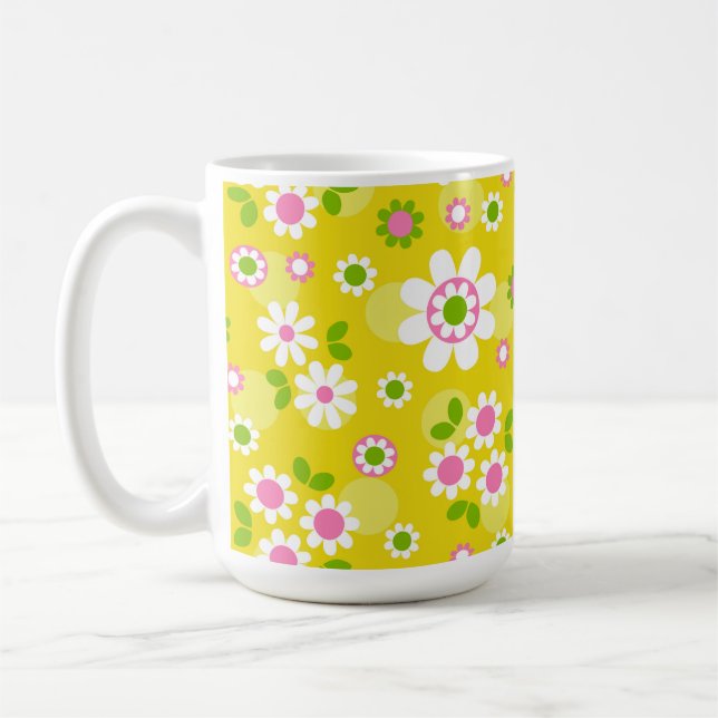 Taza De Café Flores de mod retro amarillas y blancas (Izquierda)