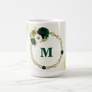 Taza De Café Flores de oro marfil verde esmeralda monograma