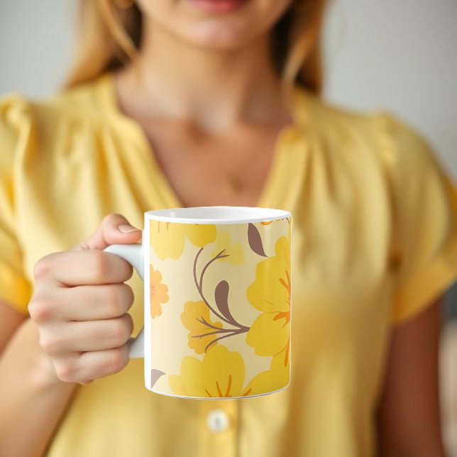 Taza De Café Flores de patrón floral amarillo retro Sunshine (Retro Sunshine Floral Pattern-Yellow Flowers  Coffee Mug )