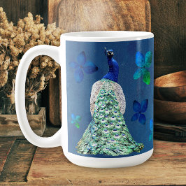 Taza De Café Flores de pavo real y azul con poema Inspirador