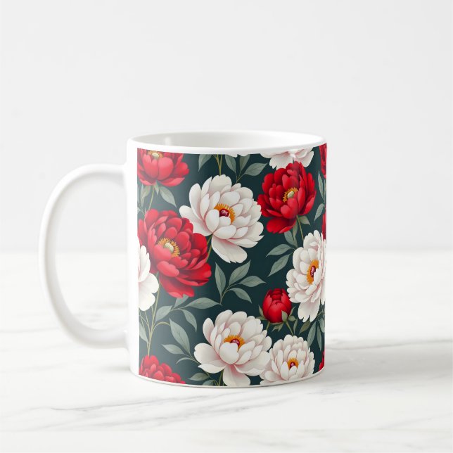 Taza De Café flores de peonía rojas y blancas (Izquierda)