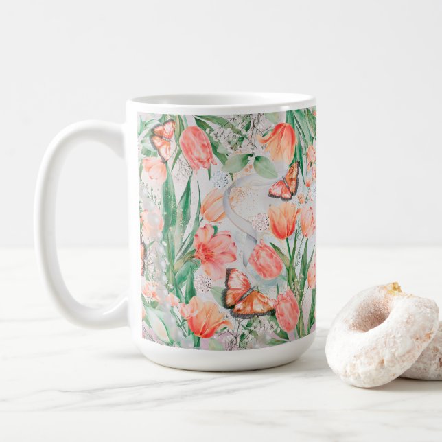 Taza De Café Flores de primavera mariposas (Con donut)