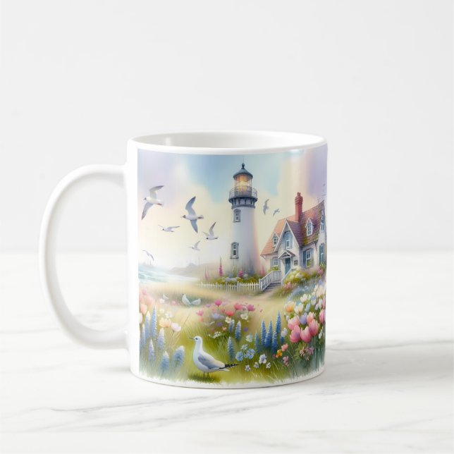 Taza De Café Flores de primavera por cabaña costera de faro (Izquierda)