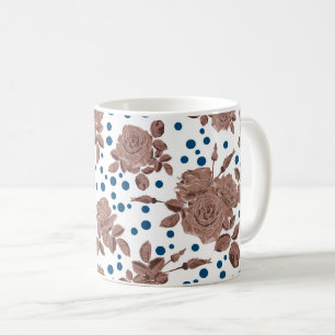 Taza De Café Flores de rosa beige marrón sobre fondo de lunares