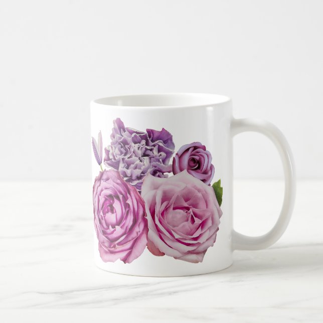 Taza De Café Flores de Rosa de lavanda blanca rosa (Derecha)