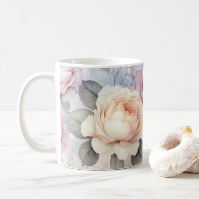 Taza De Café Flores de Rosa Elegantes (Con donut)