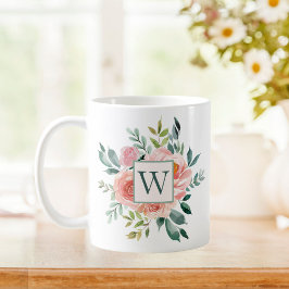 Taza De Café Flores de rosa rosa rosa y peón monogramadas