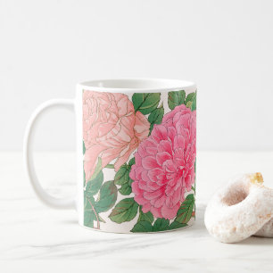 Taza De Café Flores de Rosa rosa y transparente con hojas verde