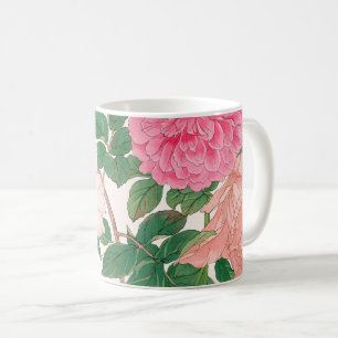 Taza De Café Flores de rosa rosadas y blancas con hojas verdes