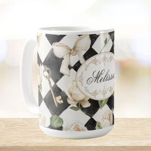 Taza De Café Flores de Rosa Vintage Monograma Diamante Negro Bl