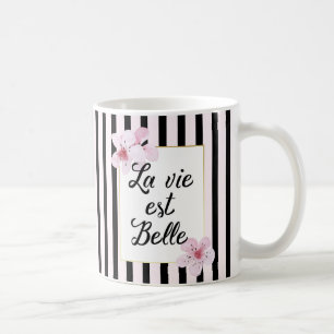 Taza De Café Flores de rosa y rayas negras de Francia femenina