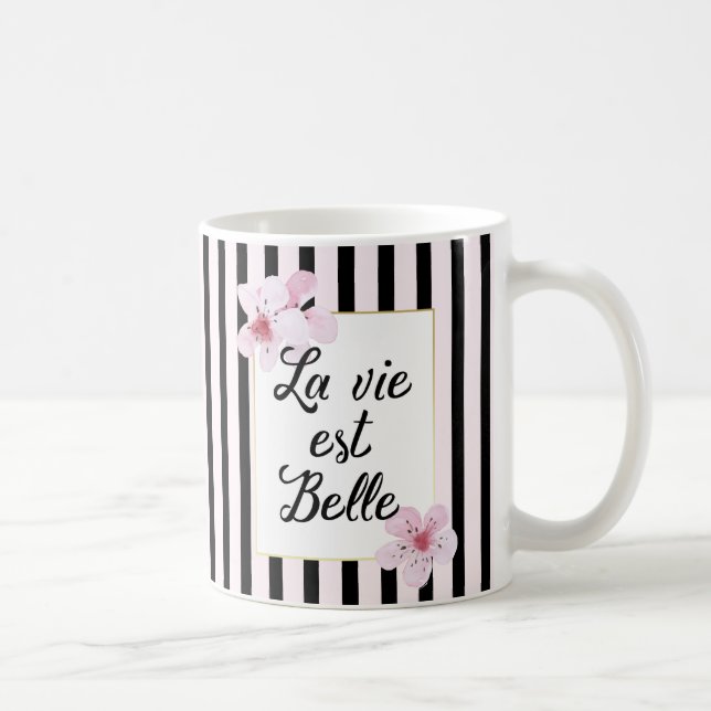 Taza De Café Flores de rosa y rayas negras de Francia femenina (Derecha)