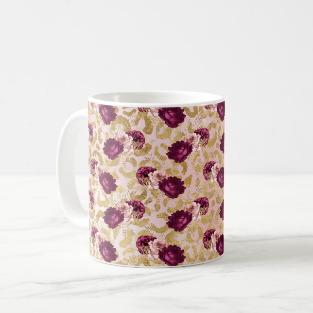 Taza De Café Flores de rosas rosadas de leopardo dorado (Anverso izquierdo)