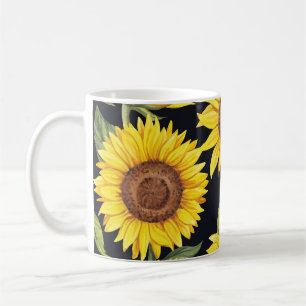 Taza De Café Flores de sol, mariposas, acuarela de fondo negro