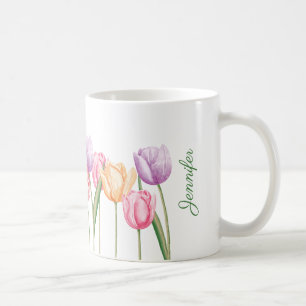 Taza De Café Flores de Tulipanes Acuarela Coloridas con Nombre 