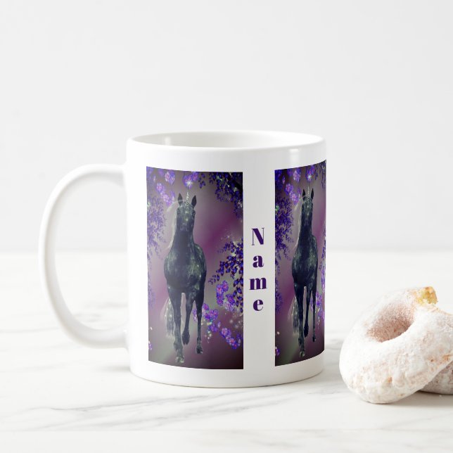 Taza De Café Flores de unicornio negras personalizadas (Con donut)