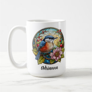 Taza De Café Flores de Vidrio Pintado Pájaro Bayas Nombre