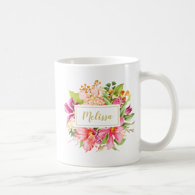 Taza De Café Flores de vinagre de monograma Mug Púrpura Rosa (Derecha)