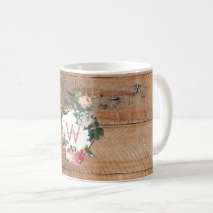 Taza De Café Flores de Vintage de Madera Rústica Monogramadas