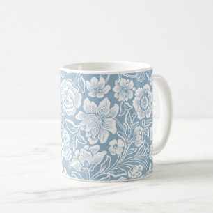 Taza De Café Flores Dibujadas a Mano, Arte Botánico Gris Azul B