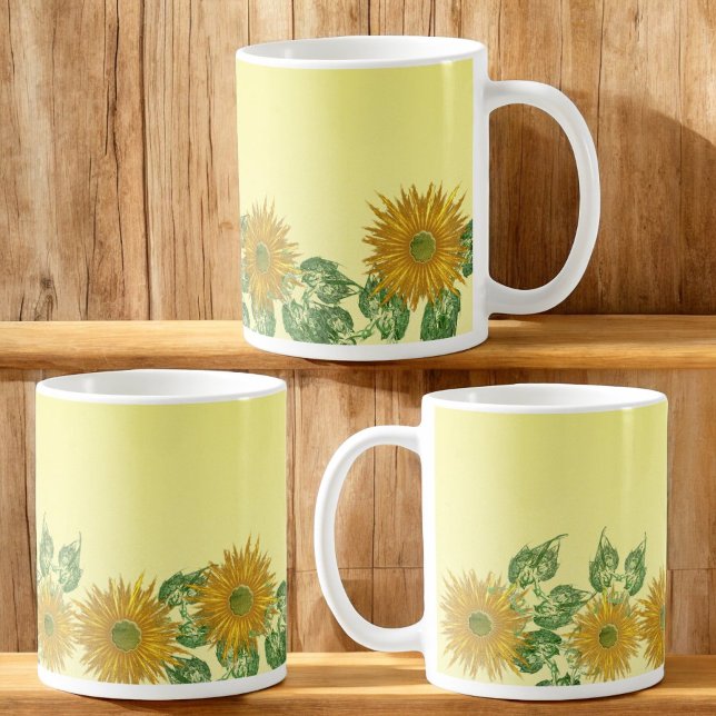 Taza De Café Flores digitales y borde inferior de hoja (left, right and opposite the handle on mug)