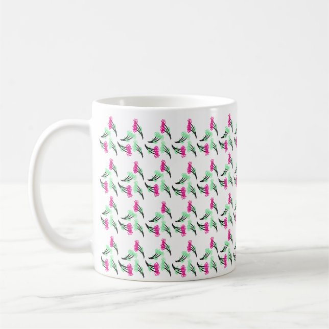 Taza De Café Flores Doodle Rosa Patrón Verde (Izquierda)