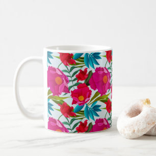 Taza De Café Flores Elegantes Tropicales De Color Rosa Y Rojo