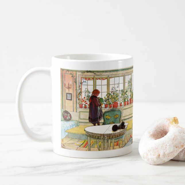 Taza De Café Flores en el Windowsill de Carl Larsson (Con donut)