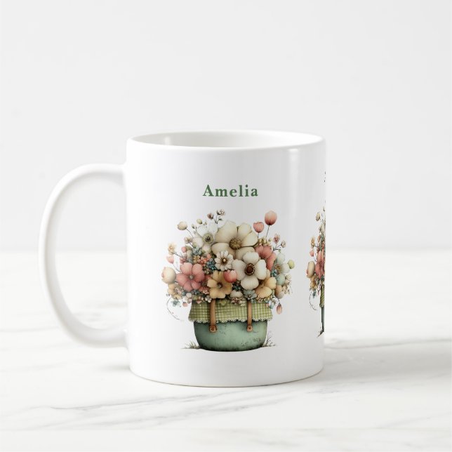 Taza De Café Flores en una maceta acogedora shabby cute (Izquierda)