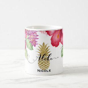 Taza De Café Flores exóticas tropicales y piña dorada Aloha