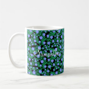 Taza De Café Flores Florales Púrpura Claras Y Plantas De Hojas 