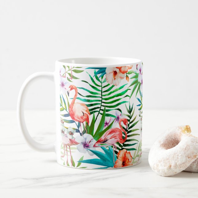 Taza De Café Flores florales tropicales del flamenco rosado (Con donut)