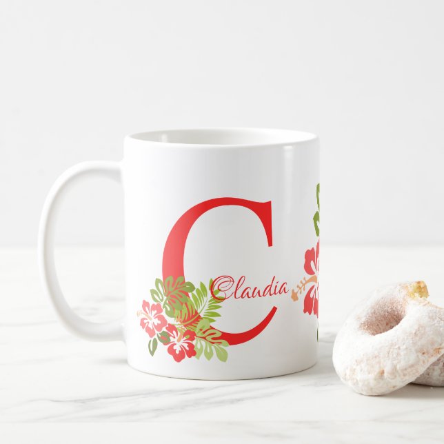Taza De Café Flores florales tropicales Monograma Mug (Con donut)