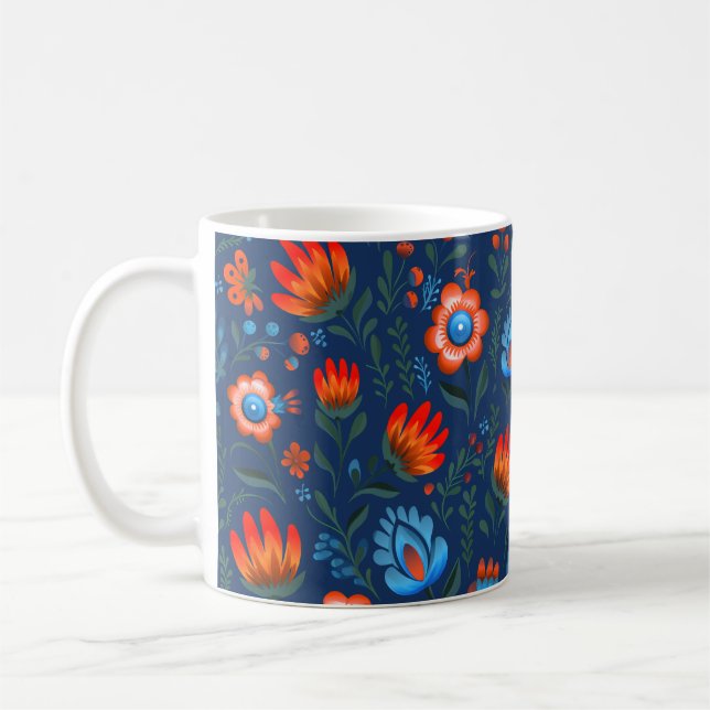 Taza De Café Flores folclóricas polacas Wycinanki Blue (Izquierda)