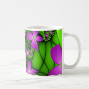 Taza De Café Flores fractales abstractas modernas neon rosa ver