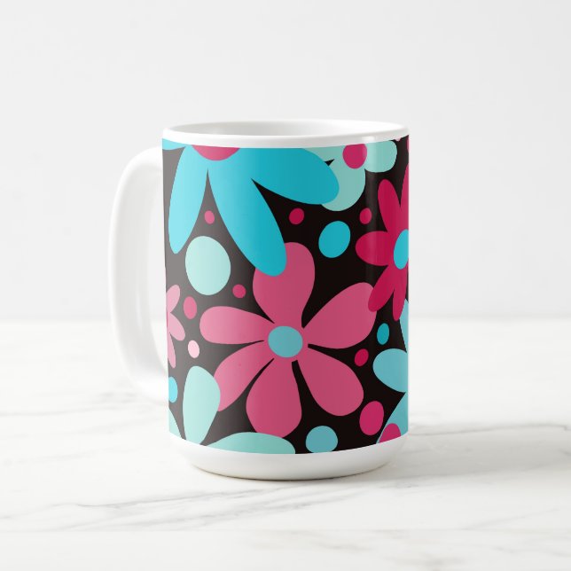 Taza De Café Flores funky azules y rosas (Anverso izquierdo)