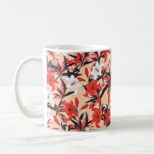 Taza De Café Flores lirio rojas y blancas sin costura