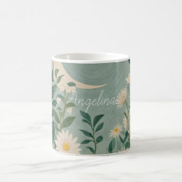 Taza De Café Flores luna iluminadas: flores pasteles y luna cre