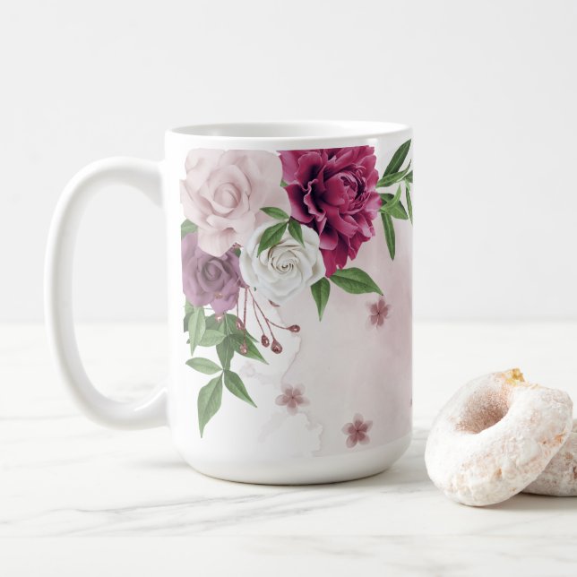 Taza De Café flores malva rosadas vegetación (Con donut)