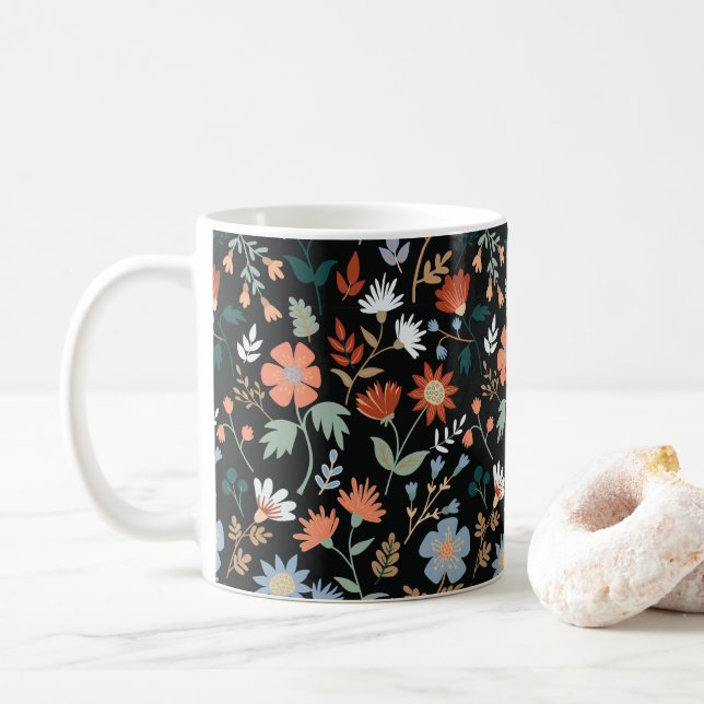 Taza De Café Flores modernas dejan flores azules Naranjas negra (Con donut)