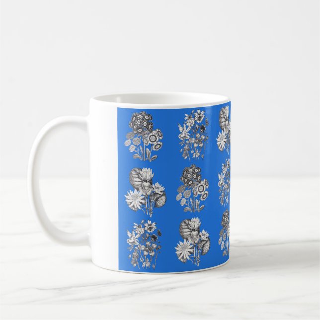 Taza De Café Flores monocromas sobre fondo azul eléctrico (Izquierda)