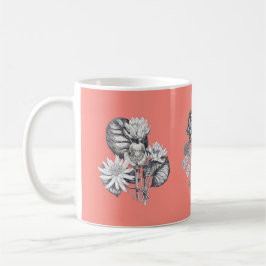 Taza De Café Flores monocromas sobre fondo de coral