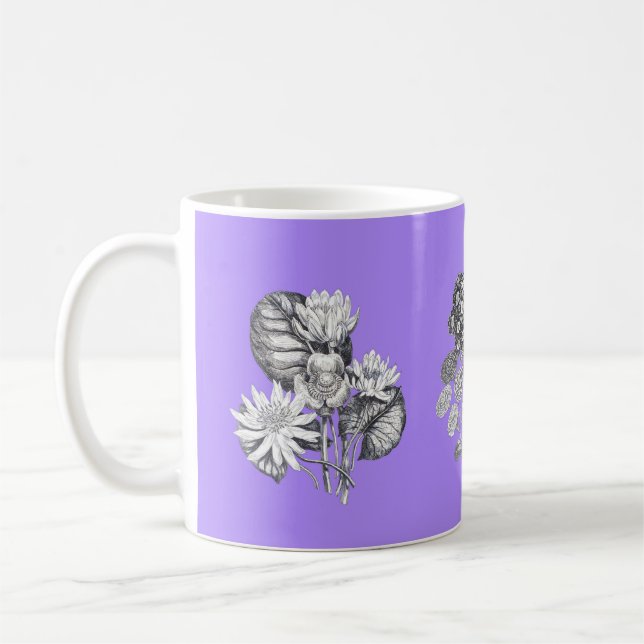 Taza De Café Flores monocromas sobre fondo lila (Izquierda)