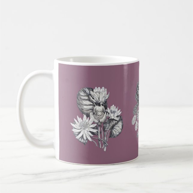 Taza De Café Flores monocromas sobre fondo malva (Izquierda)